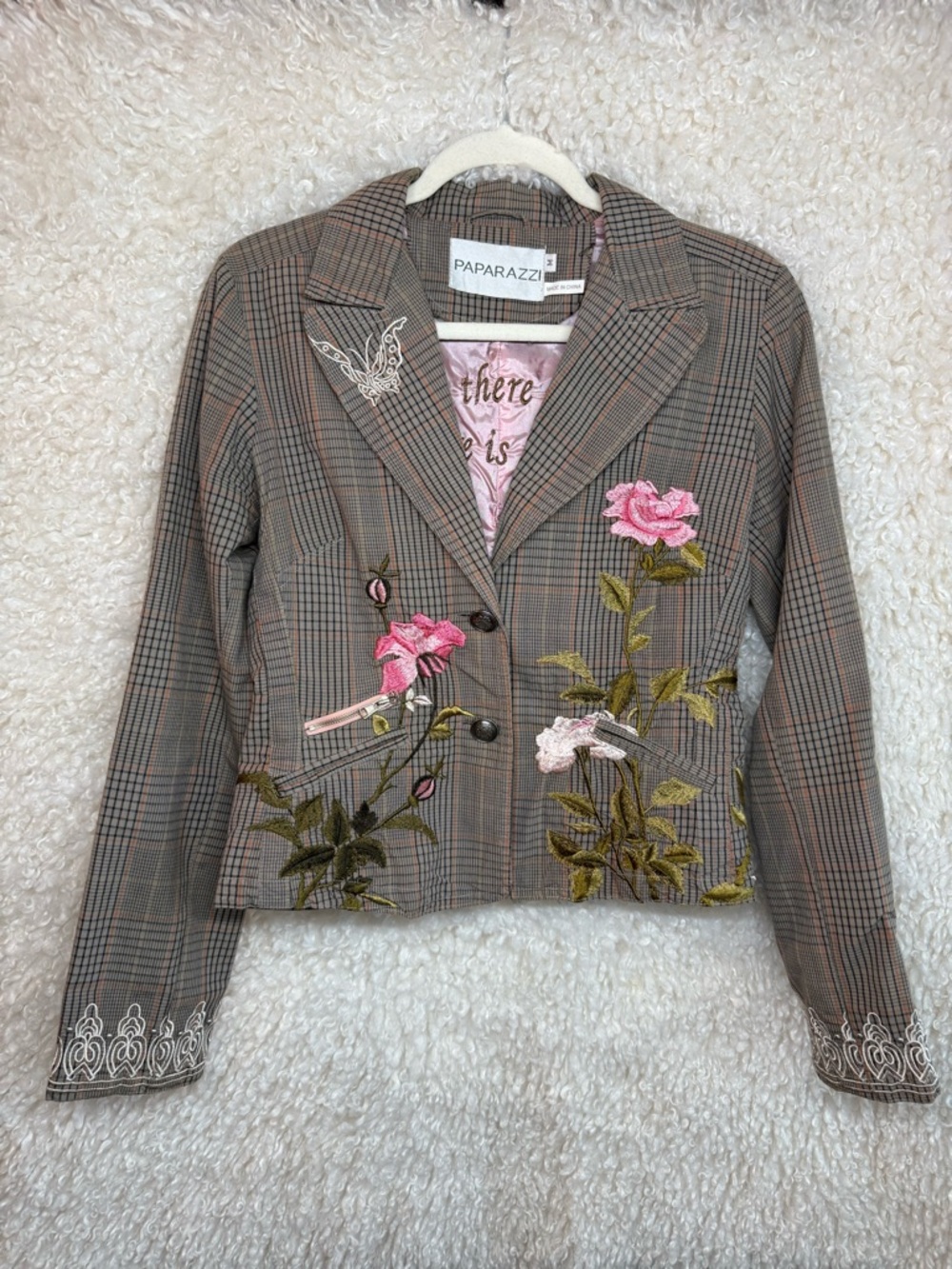 Paparazzi Cropped Plaid Blazer Pink Rose & Butterfly Embroidered Jacket M 🌸🦋